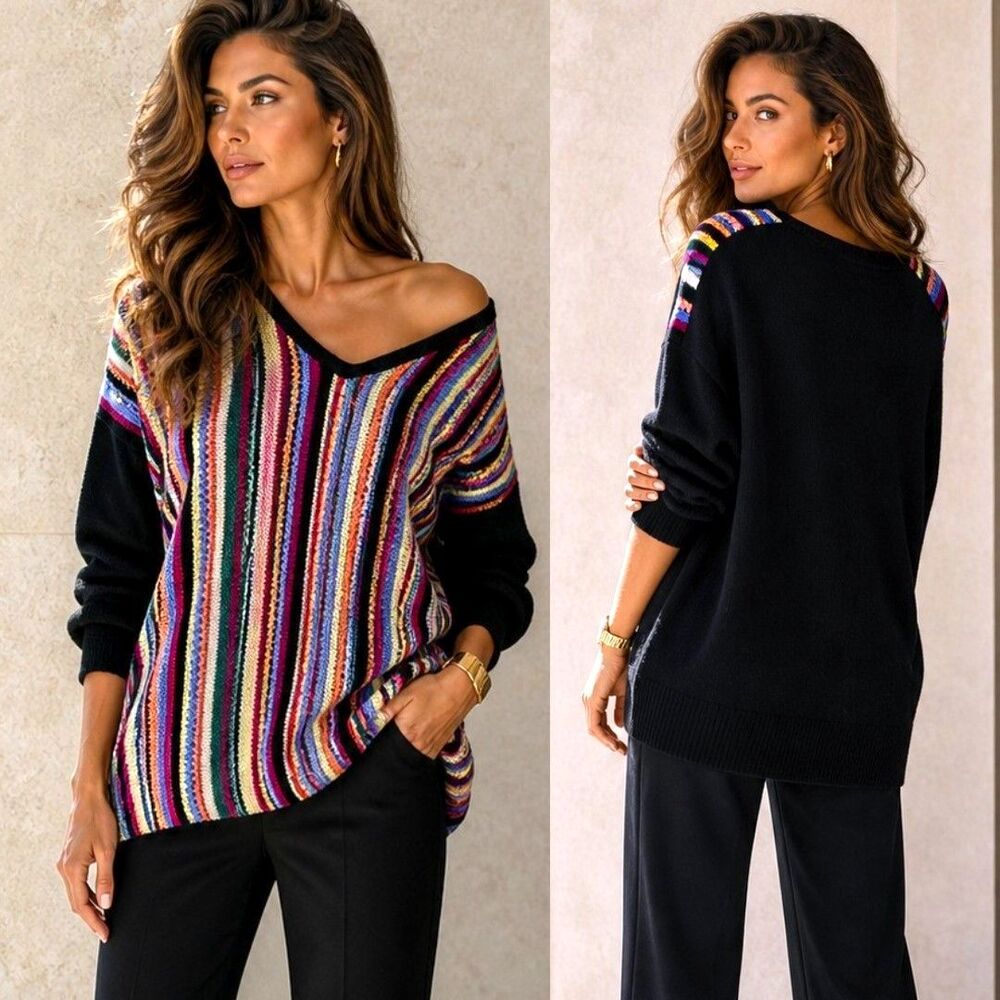 Vtg Retro L Crochet Knit Black Stripe Sweater Slouchy Rainbow Norton McNaughton